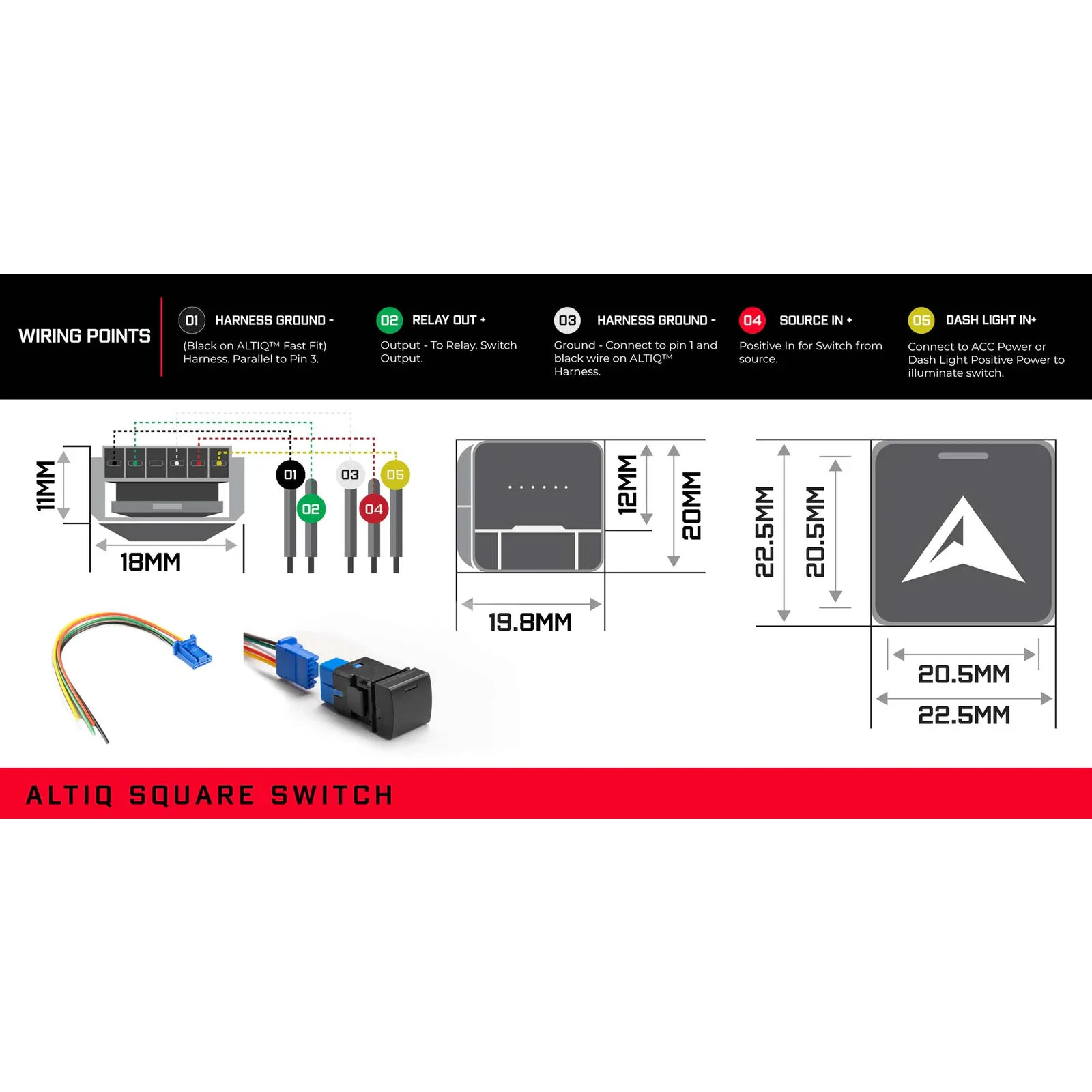 ALTIQ square switch reference card. Five wiring points: 01 harness ground negative, 02 relay out positive, 03 harness ground to pin 1, 04 source in positive, 05 dash light in positive to illuminate the switch. Dimensions given are 18mm and 11mm across the terminal block, 19.8mm by 20mm by 12mm for the body, and a 22.5mm by 20.5mm face