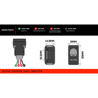 ALTIQ Toyota tall switch reference card. Wiring points are 01 green wire power in, 02 red wire device on a fused relay, 03 red wire accessory power on the dash light circuit, and 04 black wire ground or earth. Dimensions are 14.9mm by 19.5mm at the terminal body and a 21mm by 39mm face carrying the ALTIQ name