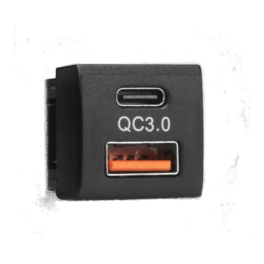 Toyota-fit charger face on, a USB-C port above a USB-A port with an orange insert, and QC3.0 printed between them