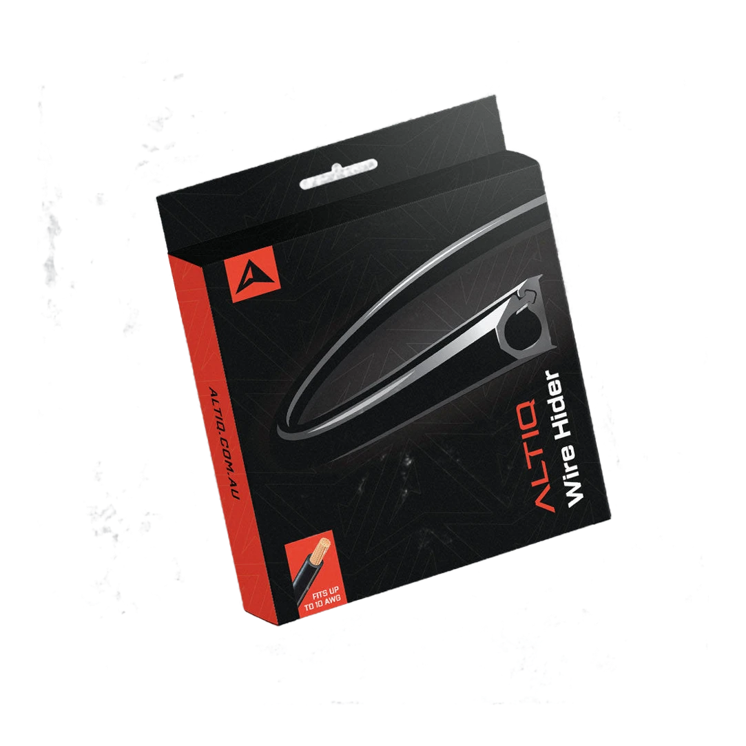 Retail box for the ALTIQ Wire Hider, black with a red spine, showing the moulded channel on the front and a corner flash reading fits up to 10 AWG