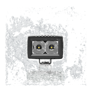 ALTIQ CX2 spot work light square on to the lens, the two deep polished spot reflectors filling the aperture with the mounting bracket beneath