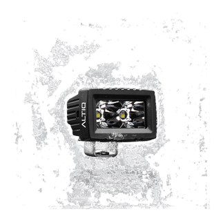 ALTIQ CX2 spot work light face on, a rectangular reflector holding two deep spot optics with a single LED in each, the ALTIQ name on the left cheek
