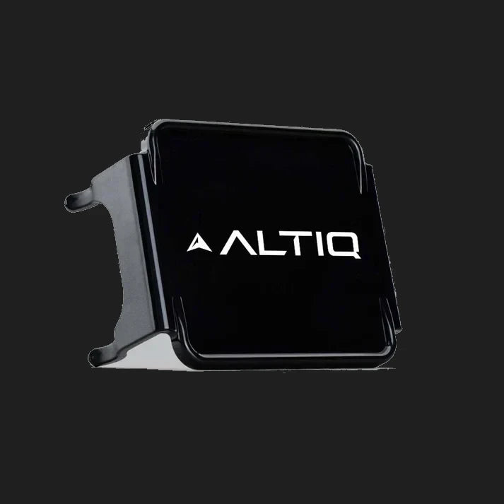 Black DX4 blackout cover tilted, the gloss face with the ALTIQ name and arrow catching the light and the skirts wrapping away behind