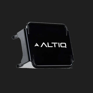 Black DX4 blackout cover tilted, the gloss face with the ALTIQ name and arrow catching the light and the skirts wrapping away behind