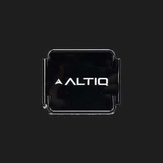 Black DX4 blackout cover square on, the gloss face carrying the ALTIQ name and arrow with the retaining skirts visible at each side