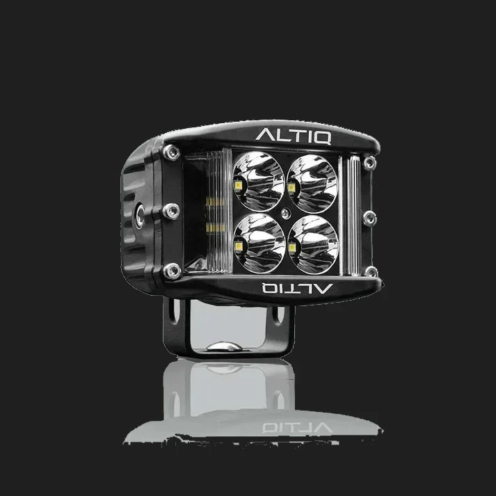 ALTIQ DX4 hybrid work light face on, four round spot reflectors in the centre flanked by two vertical flood strips, with the ALTIQ name above and below the lens