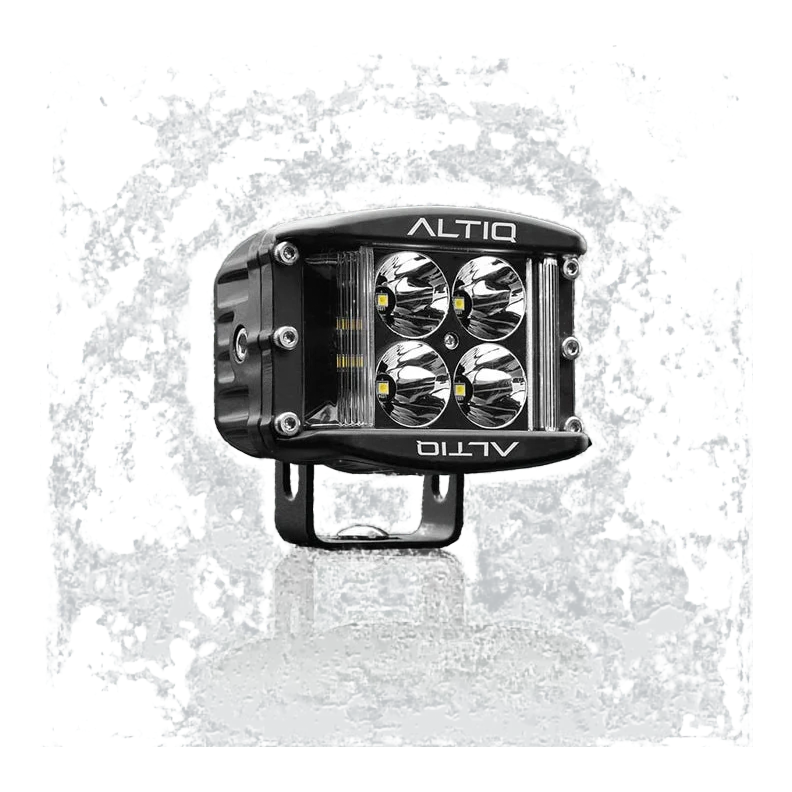 ALTIQ DX4 hybrid work light face on, four round spot reflectors in the centre flanked by two vertical flood strips, with the ALTIQ name above and below the lens