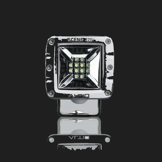White DX4 Scene work light face on, the bezel marked SCENE 120 degrees above the square reflector and its nine LEDs, with the ALTIQ name below