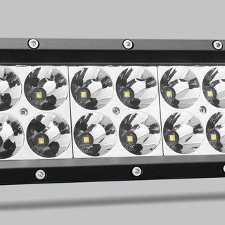 Close-up across the spot section of the double row bar, two rows of LEDs each seated in a deep polished reflector behind the lens