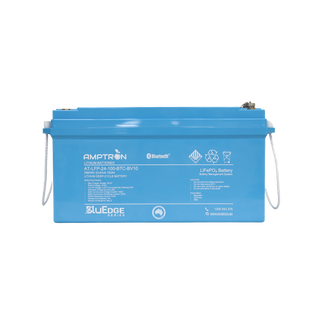 The BluEdge 24V 100Ah battery square on, the label listing max charge voltage 29.2V, standard charge 20A, max continuous charge 100A, max continuous discharge 200A, peak discharge 400A, parallel connections yes and series max two, with Bluetooth, CAN bus and IP65
