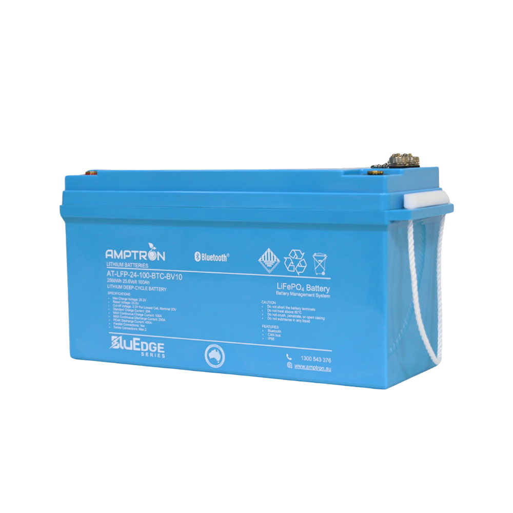 The BluEdge 24V 100Ah battery from the opposite corner, showing the length of the case, the rope handle and the communication connector on the top face