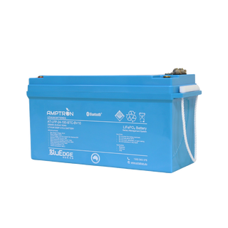 The BluEdge 24V 100Ah battery from the opposite corner, showing the length of the case, the rope handle and the communication connector on the top face