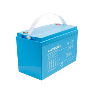 Amptron AT-LFP-24-50-AV01 lithium battery at a three-quarter angle, 1280Wh 25.6 Volt 50Ah, the blue case with a webbing carry handle and two terminals on the top face