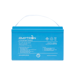 The 24V 50Ah battery square on, the label listing max charge voltage 29.2V, standby 25.6V, cut-off 2.5V per cell nominal 20V, standard charge 10A, max continuous discharge current 70A and peak discharge 140A