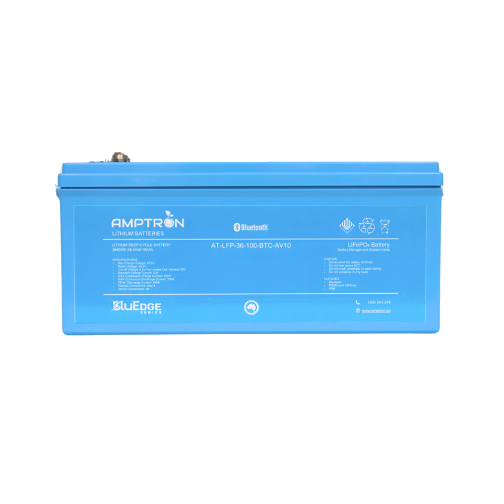 The BluEdge 36V 100Ah battery square on, the label listing max charge voltage 43.8V, rated 38.4V, cut-off 2.5V per lowest cell nominal 30V, standard charge 20A, max continuous charge 100A, max continuous discharge 100A and peak discharge 200A, with Bluetooth, RS485 and CAN bus and IP66