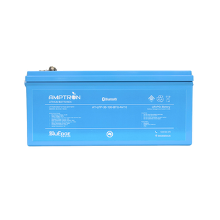 The BluEdge 36V 100Ah battery square on, the label listing max charge voltage 43.8V, rated 38.4V, cut-off 2.5V per lowest cell nominal 30V, standard charge 20A, max continuous charge 100A, max continuous discharge 100A and peak discharge 200A, with Bluetooth, RS485 and CAN bus and IP66