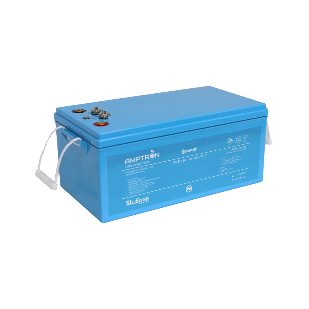 Amptron BluEdge AT-LFP-36-100-BTC-AV10 battery at a three-quarter angle, 3840Wh 38.4 Volt 100Ah, the blue case with rope handles and the terminal and communication cluster on the top face