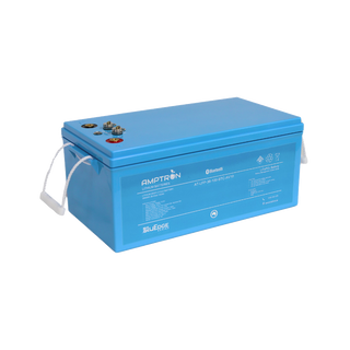 Amptron BluEdge AT-LFP-36-100-BTC-AV10 battery at a three-quarter angle, 3840Wh 38.4 Volt 100Ah, the blue case with rope handles and the terminal and communication cluster on the top face