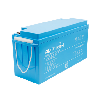 The 36V 50Ah Amptron battery at a three-quarter angle, the tall narrow blue case with a rope carry handle and the specification panel across the front