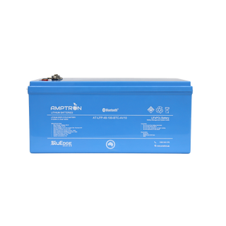 The BluEdge 48V 100Ah battery square on, the label listing max charge voltage 58.4V, rated 51.2V, cut-off 2.2V per lowest cell nominal 40V, standard charge 20A, max continuous charge 100A, max continuous discharge 100A and peak discharge 200A, with Bluetooth, RS485 and CAN bus and IP66