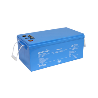 Amptron BluEdge AT-LFP-48-100-BTC-AV10 battery at a three-quarter angle, 5120Wh 51.2 Volt 100Ah, the deep blue case with rope handles at each end and the terminal and communication cluster on the top face