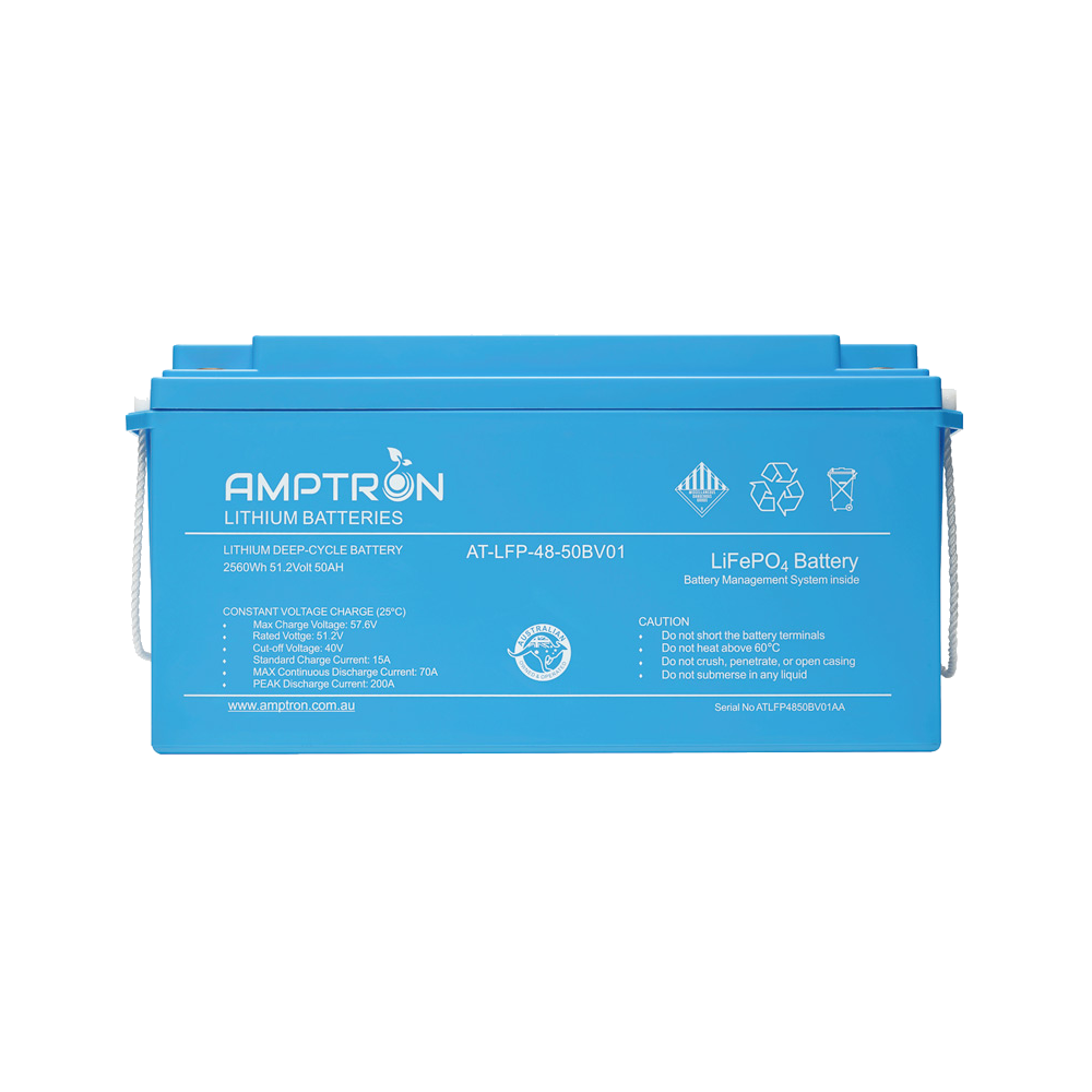The 48V 50Ah battery square on, the label listing max charge voltage 57.6V, rated 51.2V, cut-off 40V, standard charge 15A, max continuous discharge current 70A and peak discharge 200A