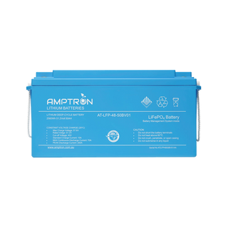 The 48V 50Ah battery square on, the label listing max charge voltage 57.6V, rated 51.2V, cut-off 40V, standard charge 15A, max continuous discharge current 70A and peak discharge 200A