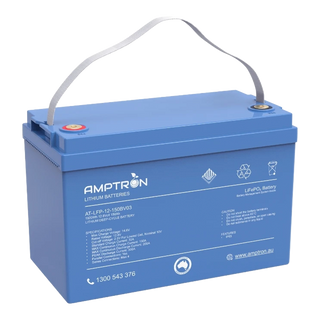 Amptron lithium battery with its carry strap raised, the label reading AT-LFP-12-150BV03, 1920Wh, 12.8 volt 150Ah, with max continuous discharge 200A and peak discharge 300A listed in the specification block