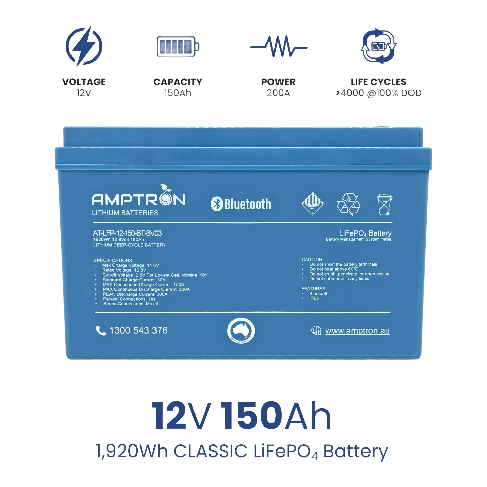 Specification panel for the Amptron AT-LFP-12-150-BT-BV03: 12 volts, 150Ah, 200A, over 4000 life cycles at 100 per cent depth of discharge. The label lists max charge voltage 14.6V, standard charge 30A, max continuous charge 150A, max continuous discharge 200A, peak discharge 300A, parallel connections yes, series max four, Bluetooth and IP65