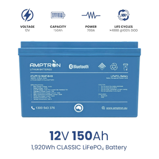 Specification panel for the Amptron AT-LFP-12-150-BT-BV03: 12 volts, 150Ah, 200A, over 4000 life cycles at 100 per cent depth of discharge. The label lists max charge voltage 14.6V, standard charge 30A, max continuous charge 150A, max continuous discharge 200A, peak discharge 300A, parallel connections yes, series max four, Bluetooth and IP65