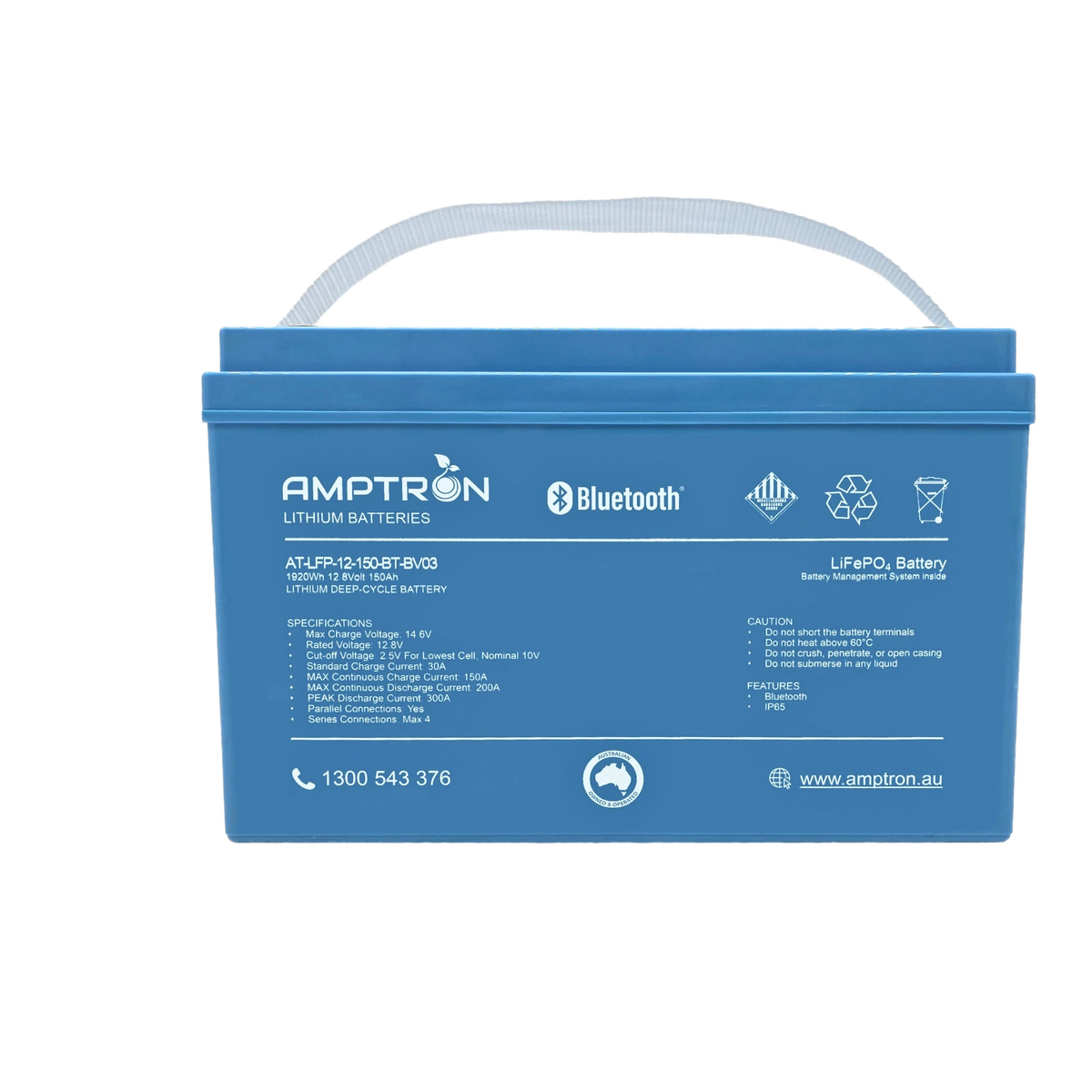 Amptron AT-LFP-12-150-BT-BV03 lithium battery square on, the blue case with the carry strap over the top and the full specification and caution panels across the front