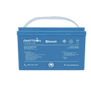 Amptron AT-LFP-12-150-BT-BV03 lithium battery square on, the blue case with the carry strap over the top and the full specification and caution panels across the front