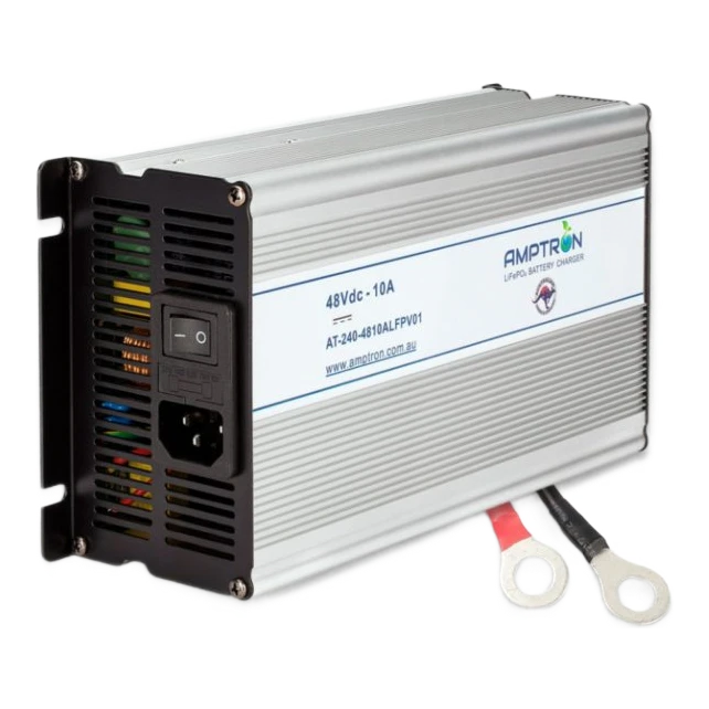 Amptron AT-240-4810ALFPV01 LiFePO4 battery charger, 48Vdc 10A, an aluminium case with a black mounting flange, vented end panel, IEC mains inlet and power switch, with heavy red and black output leads terminated in ring lugs