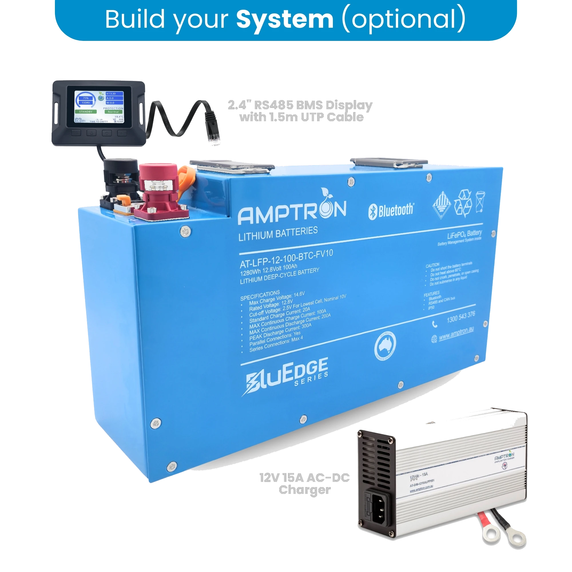 Amptron 12V 100Ah BluEdge Slimline lithium battery with optional RS485 display and charger