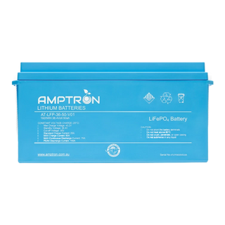 Amptron AT-LFP-36-50-V01 lithium battery face on, 1920Wh 38.4 Volt 50Ah, the label listing max charge voltage 43.2V, standby 38.4V, cut-off 30V, standard charge 25A, max charge 50A, max continuous discharge 70A and peak discharge 140A