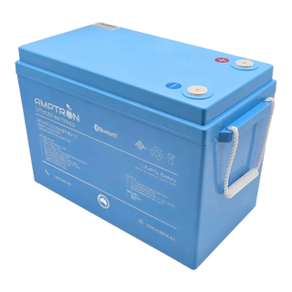 Amptron AT-LFP-12-200-BT-BV12 battery at a three-quarter angle, 2560Wh 12.8 Volt 200Ah, the blue case with rope carry handles and the specification panel on the front