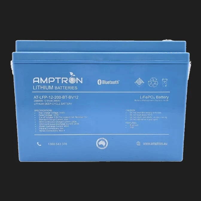 The 12V 200Ah battery square on, the label listing max charge voltage 14.6V, standard charge 40A, max continuous charge 230A, max continuous discharge 200A, peak discharge 400A, parallel connections yes and series max four