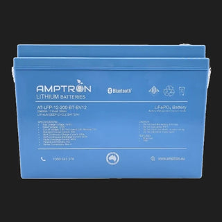 The 12V 200Ah battery square on, the label listing max charge voltage 14.6V, standard charge 40A, max continuous charge 230A, max continuous discharge 200A, peak discharge 400A, parallel connections yes and series max four