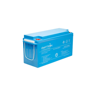 Amptron AT-LFP-48-50BV01 battery at a three-quarter angle, 2560Wh 51.2 Volt 50Ah, a long slim blue case with a rope carry handle and terminals at one end of the top face