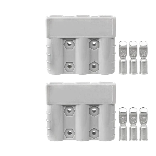Two grey SB-3 form factor 3-way plug housings shown one above the other, each with three terminal cavities, with three silver contacts laid out beside each housing