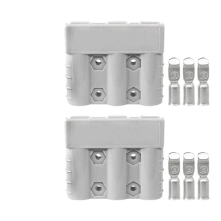Two grey SB-3 form factor 3-way plug housings shown one above the other, each with three terminal cavities, with three silver contacts laid out beside each housing