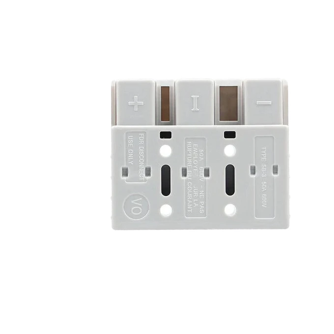 Face of a grey SB-3 form factor 3-way plug, contacts visible in the outer cavities either side of the centre cavity, with moulded markings reading FOR DISCONNECT USE ONLY, 50A 600V and TYPE SB-3 50A 600V