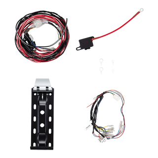 The compressor fitting kit laid out: the main wiring loom, a battery lead with in-line fuse holder and ring terminal, four ring terminals, the black powder-coated mounting bracket and the switch harness with its labelled tails