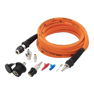ARB pump up kit laid out: an orange air hose rated 10 bar 150 psi made in Japan with moulded strain reliefs at both ends, a quick release coupling with dust cap, a straight adaptor, two quick connect nipples, red and blue tyre deflator tools and a chuck