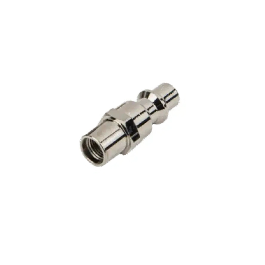 Nickel-plated hose coupling with a female thread at one end and a stepped male quick-connect nipple at the other
