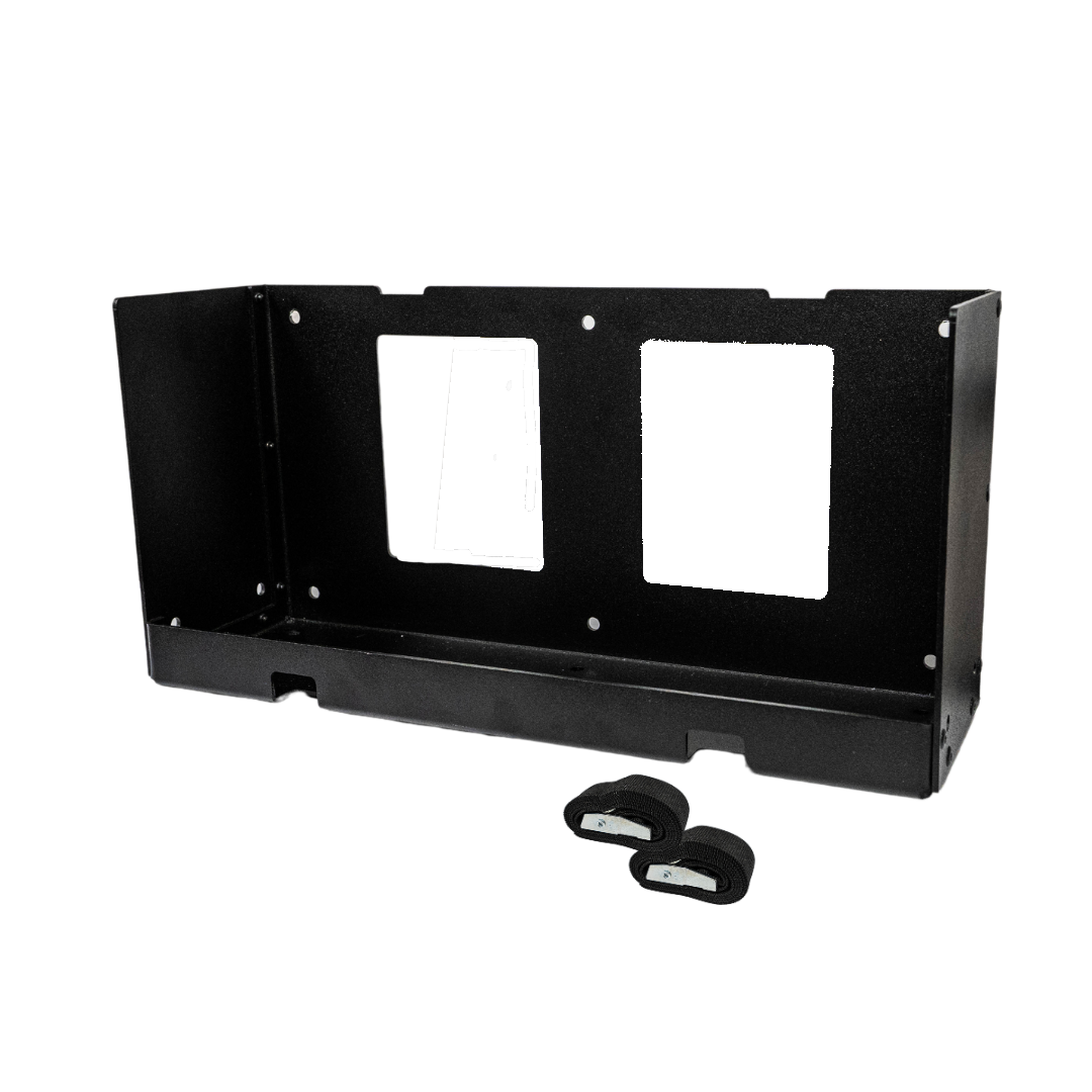 A black metal battery tray designed for the Amptron Slimline 200 amp Bluedge with two securing straps and a buckle.