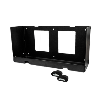 A black metal battery tray designed for the Amptron Slimline 200 amp Bluedge with two securing straps and a buckle.