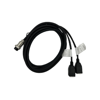 BluEdge CAN and RS485 communication adaptor cable, a black lead with a screw-lock aviation connector at one end branching to two RJ45 plugs at the other, each labelled with its pin assignments