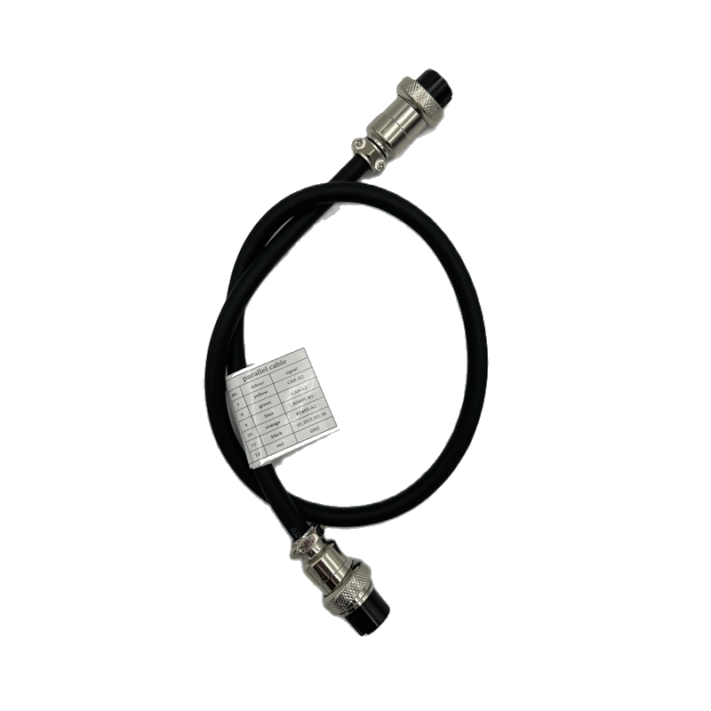 BluEdge parallel communication cable, a short black lead with a screw-lock aviation connector at each end and a pin-out label along the middle listing CAN-H, CAN-L, RS485 and ground