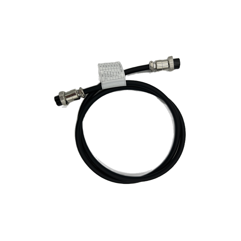 The 1 metre BluEdge parallel communication cable coiled, with a screw-lock aviation connector at each end and the pin-out label wrapped around the lead
